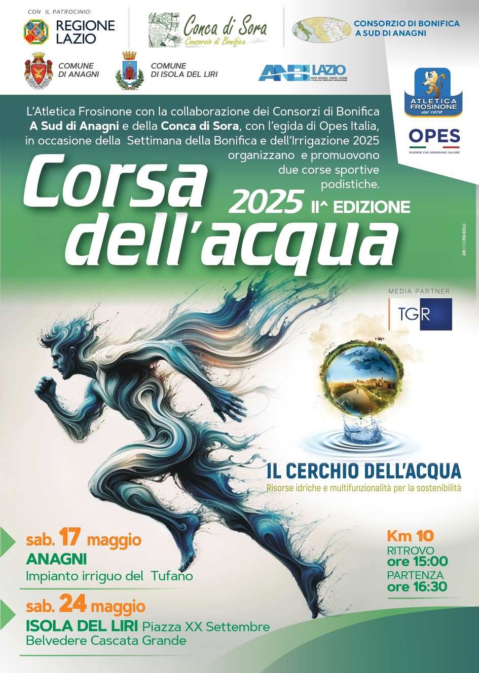 Corsa dell'acqua a Isola Liri e Frosinone, locandina con uomo stilizzato che corre e programma dell'iniziativa