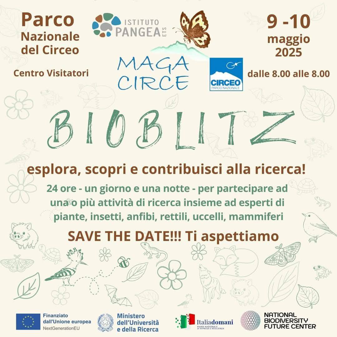 Locandina del BioBliz nel Parco del Circeo, programma dell'evento con grafiche