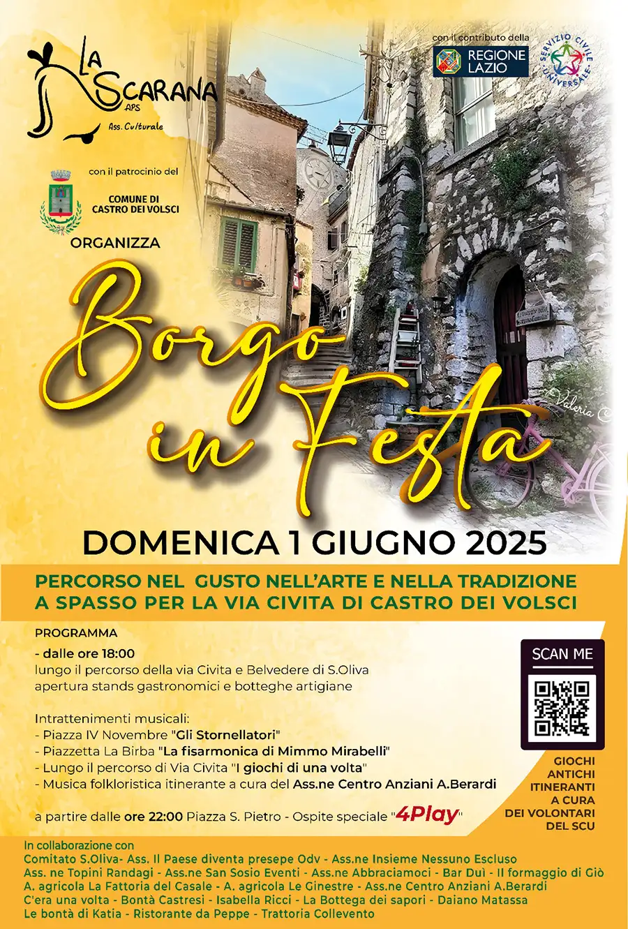 Locandina Borgo in festa a Castro dei Volsci, immagine del paese sullo sfondo con titolo e programma dell'iniziativa culinaria