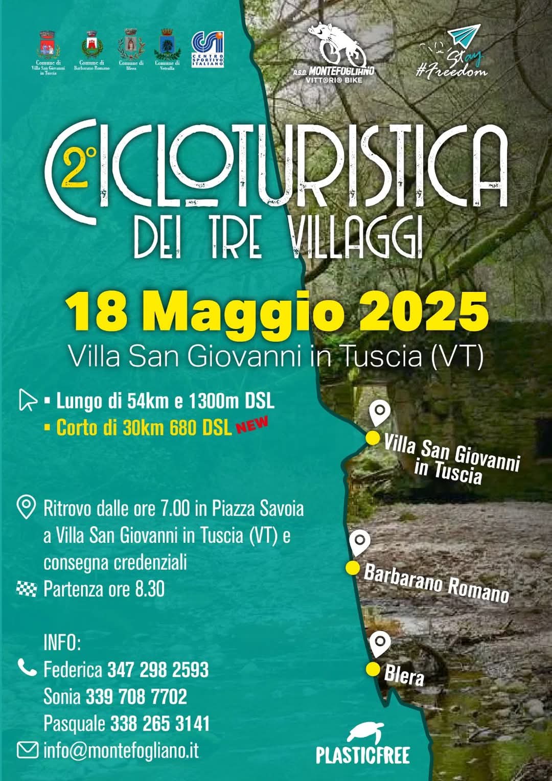 Locandina promozionale della Cicloturistica dei tre villaggi, contiene titolo, programma e dettagli dell'iniziativa e grafiche su sfondo verde e immagini