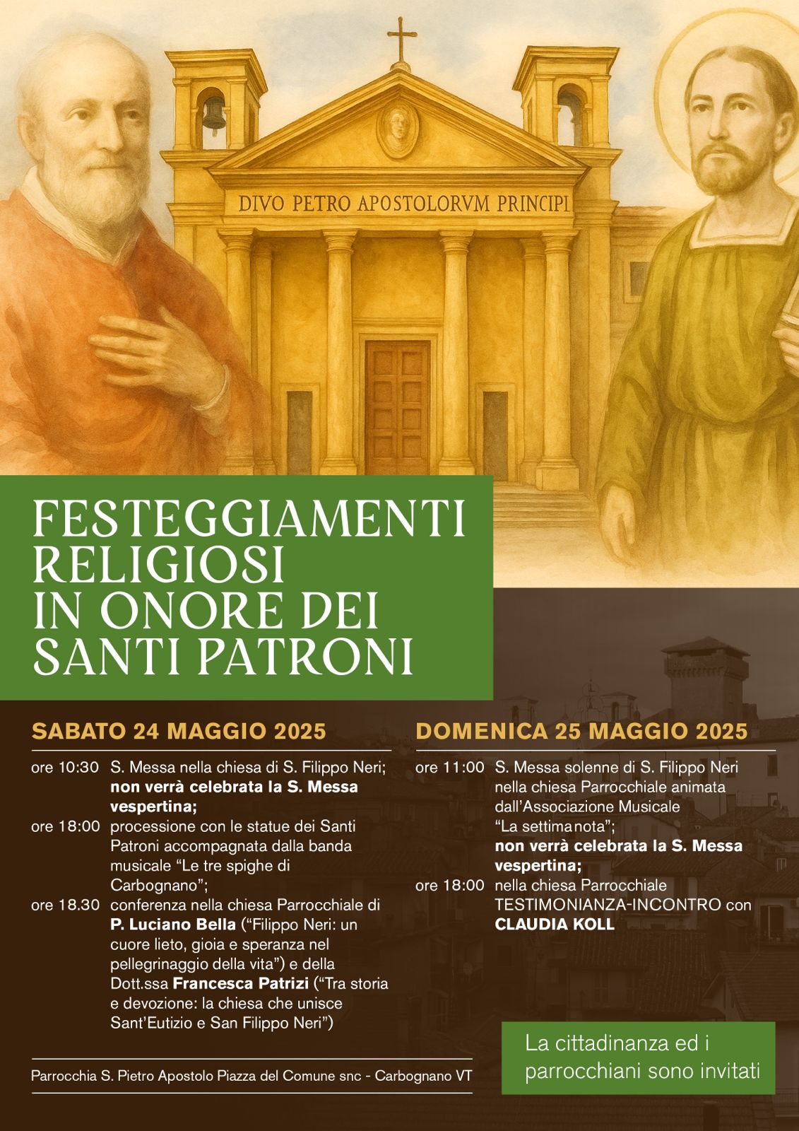 Locandina Festeggiamenti patronali di Carbognano, contiene titolo e programma. All'interno grafiche con le immagini dei santi