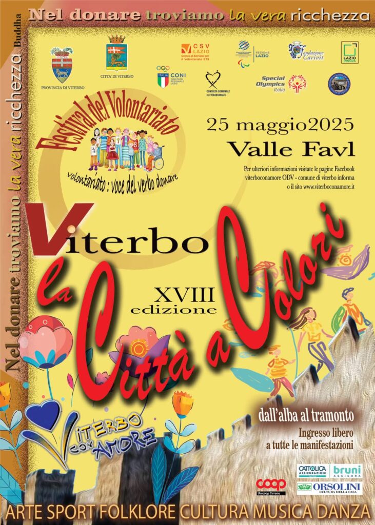 Locandina del Festival del Volontariato di Viterbo, Contiene titolo loghi di partner e sponsor e grafiche su sfondo colorato