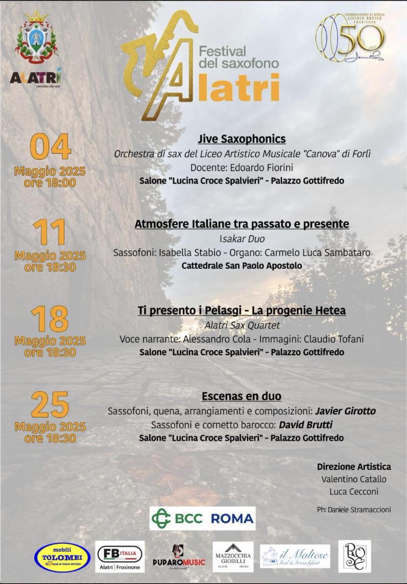 Locandina con grafiche e testo relative al Festiva di Saxofono di Alatri