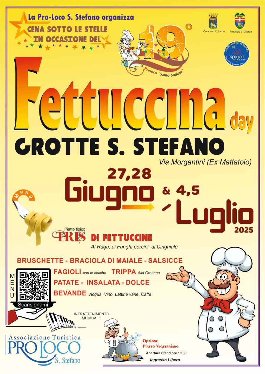 Locandina del Fettuccina Day di Grotte Santo Stefano, sfondo giallo con Grafiche, titolo e orari evento