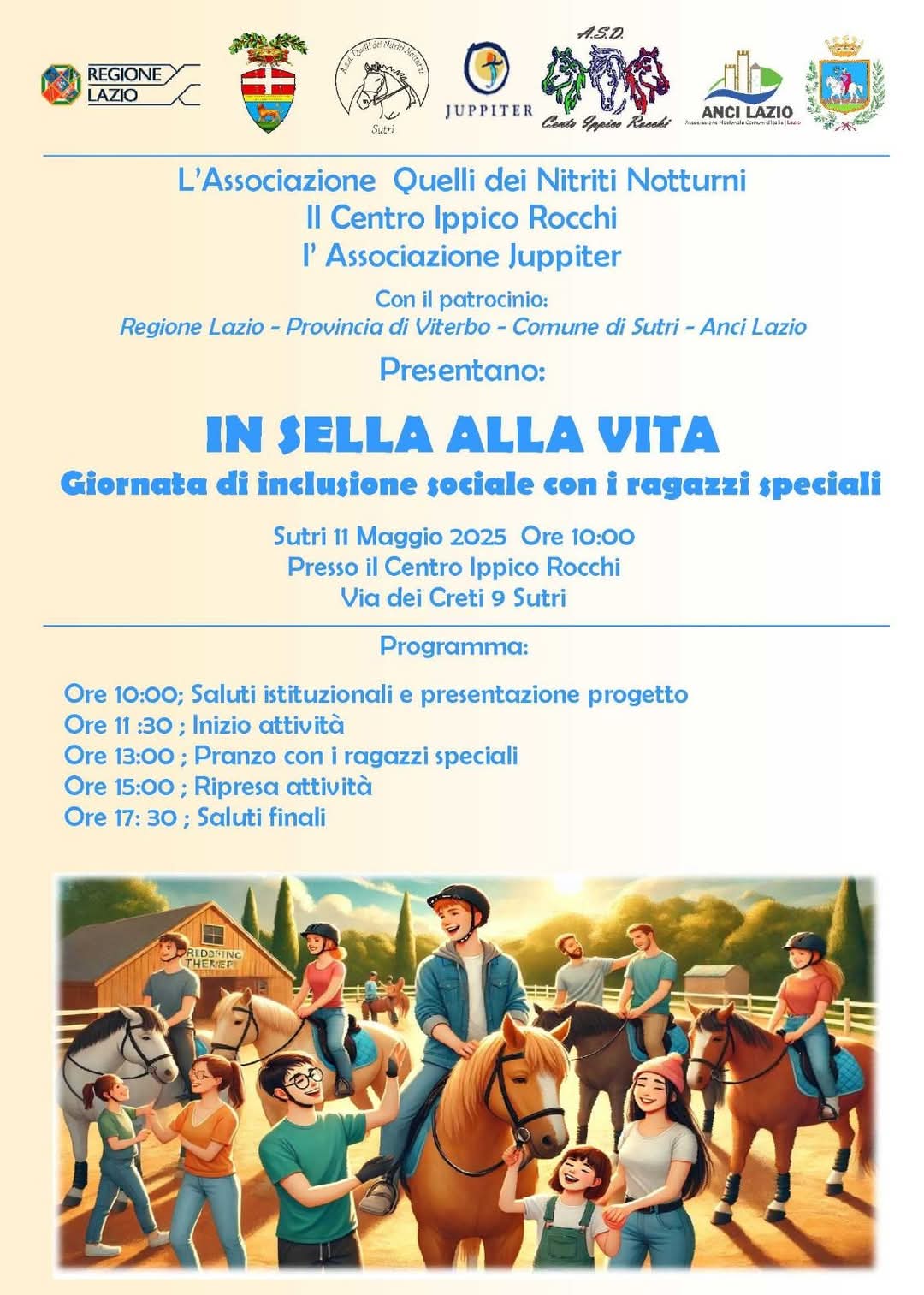 Locandina con Grafiche e descrizione dell'iniziativa "In sella alla vita" a Sutri in provincia di Viterbo