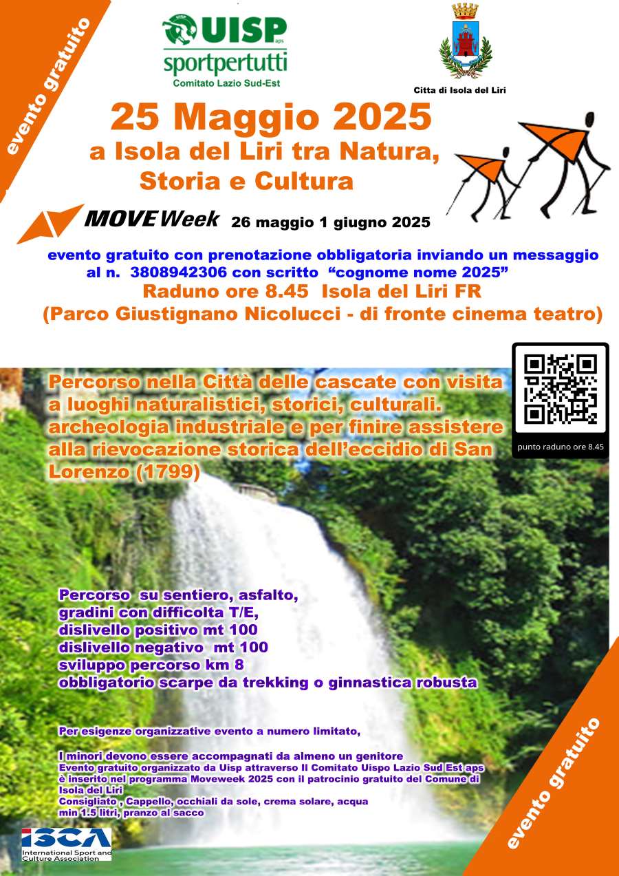 Locandina Isola Liri Move Week, contiene un'immagine della cascata del paese con titolo e programma 