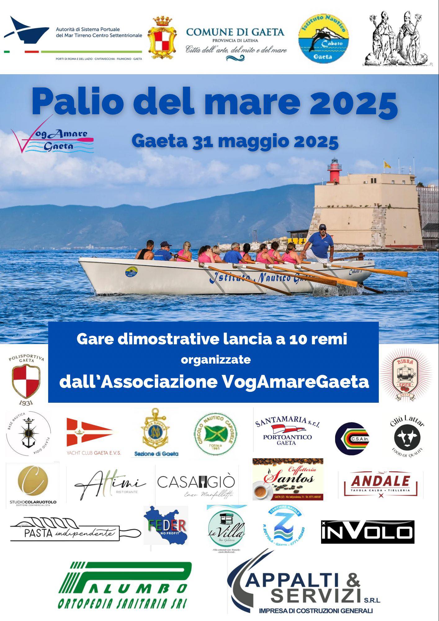 Locandina del Palio del Mare di Gaeta, Grafiche con loghi degli sponsor e Titolo dell'iniziativa, Barca a Remi con equipaggio nell'immagine