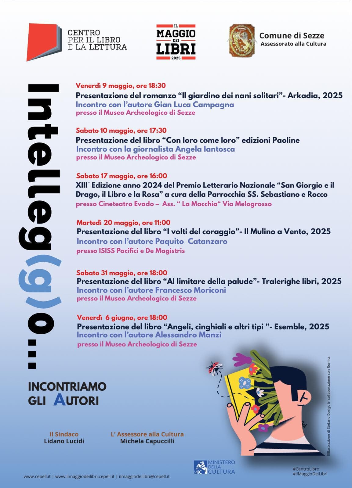 Locandina con titolo e programma del Maggio dei Libri a Sezze, sfondo sfumato azzurro, loghi e grafiche molto semplici