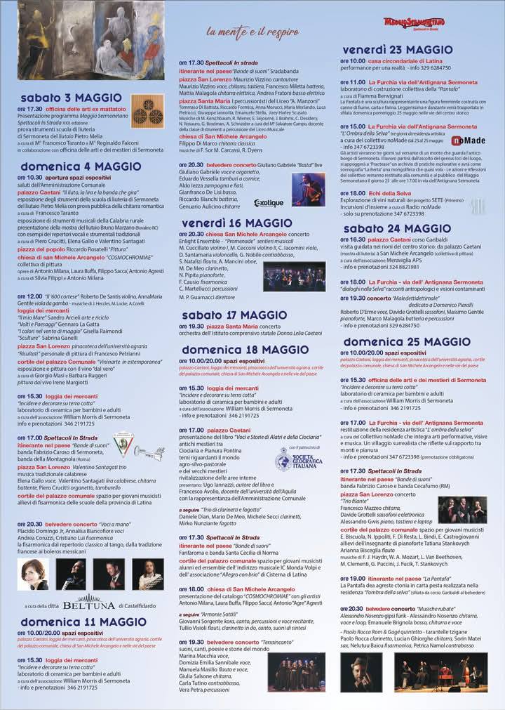 Programma dettagliato e immagini dell'iniziativa "Maggio Sermonetano" che si tiene dal 3 al 25 maggio a Sermoneta LT