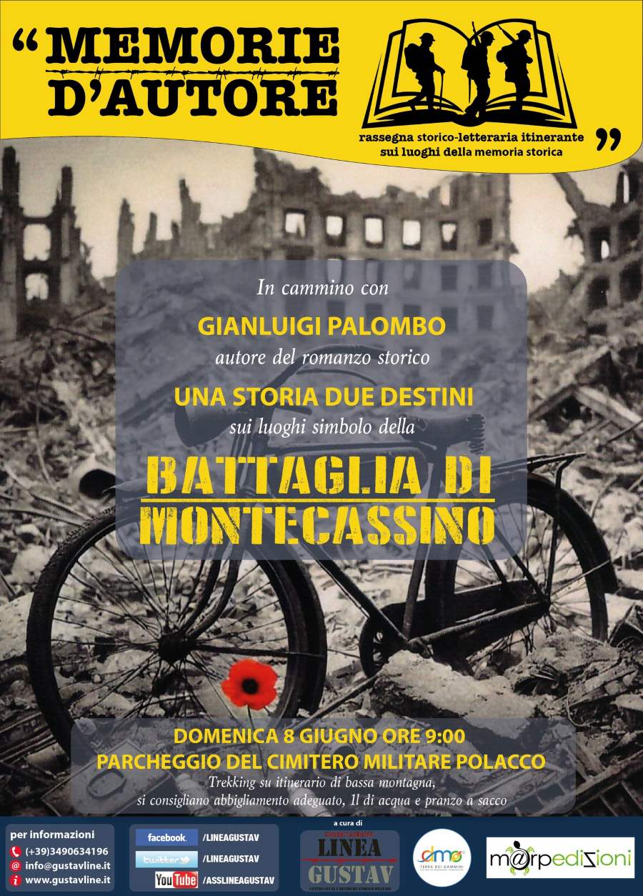 Locandina dell'evento di Montecassino Memorie d'autore, contiene titolo evento e dettagli con un immagine bianco e nero di una vecchia bici su macerie della guerra