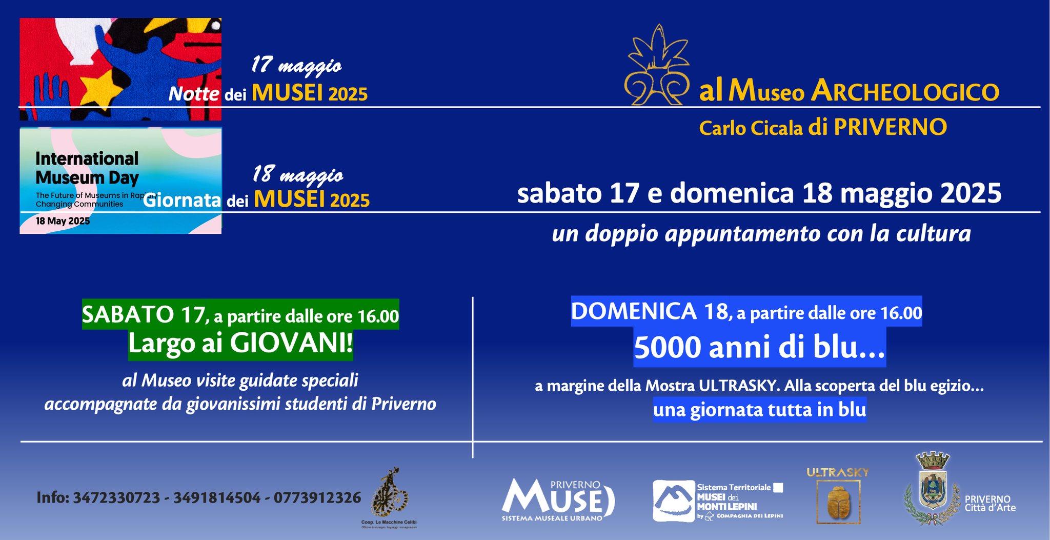 Locandina della Notte Europea dei Musei a Priverno, contiene Titolo testo del programma con informazioni su uno sfondo blu e grafiche