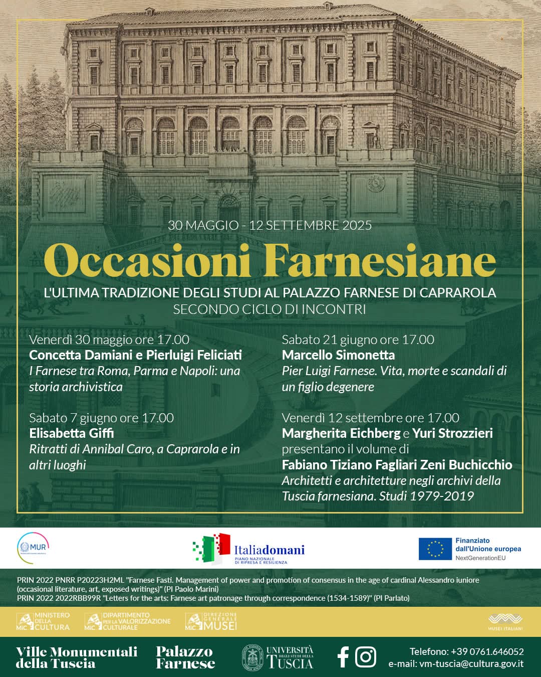 Locandina dell'iniziativa "Occasioni Farnesiane" con titolo e programma su sfondo verde e immagine di Palazzo Farnese