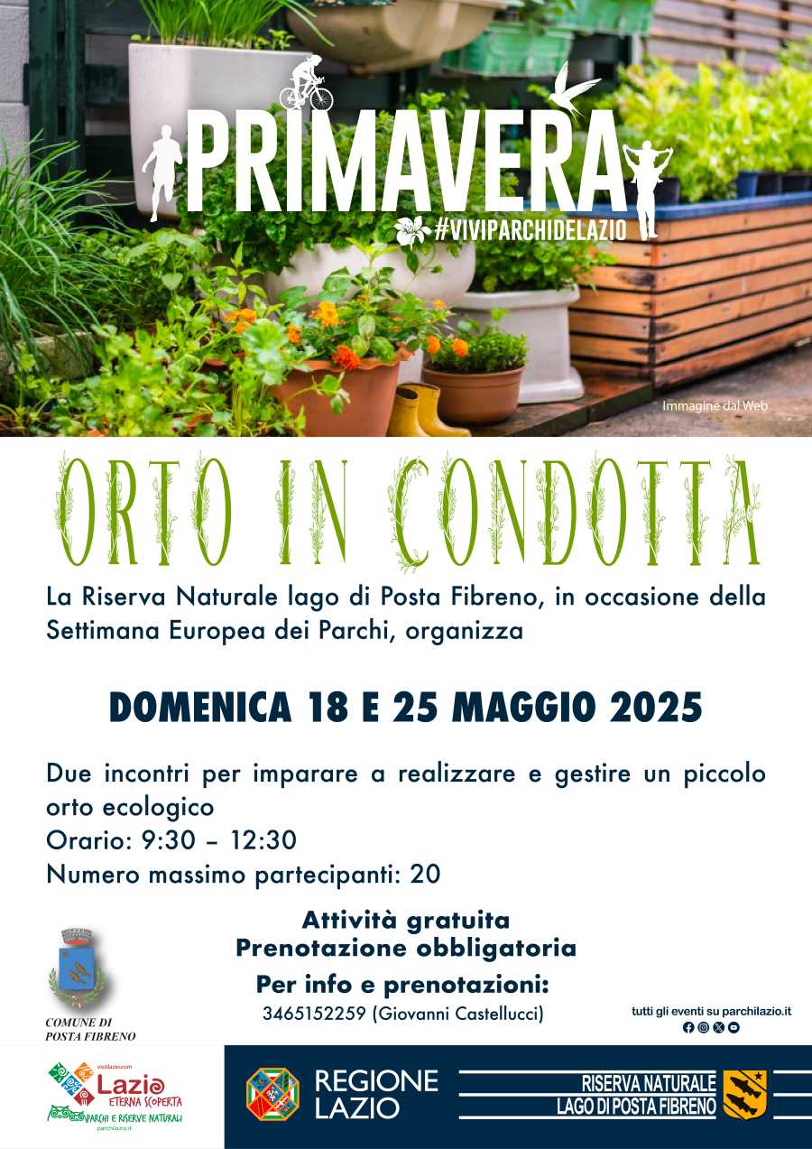 Locandina con titolo, programma e grafiche dell'iniziativa "Orto in condotta" a Posta Fibreno in Ciociaria