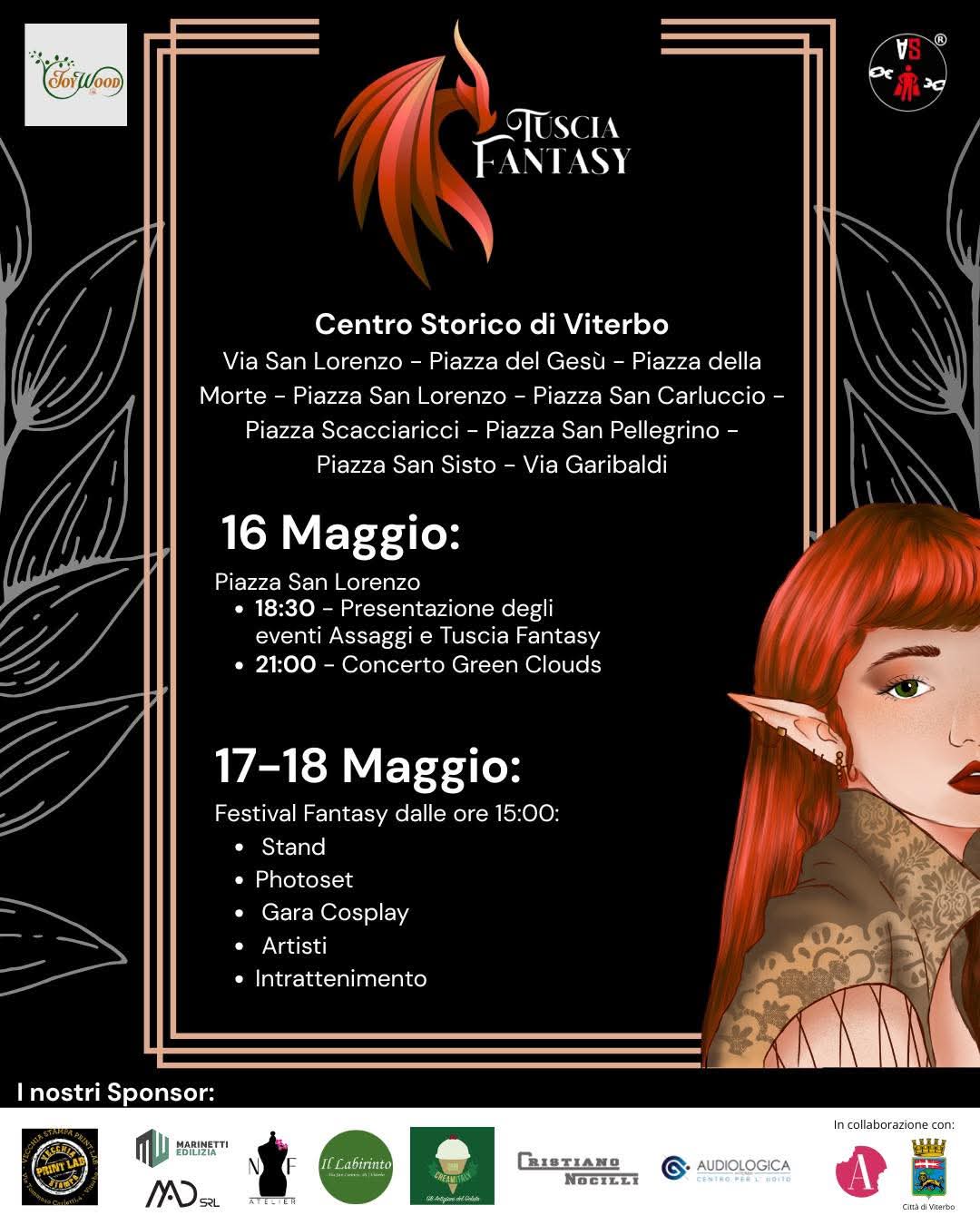 Locandina dell'iniziativa Tuscia Fantasy, sfondo nero con titolo, programma dell'iniziativa e grafiche