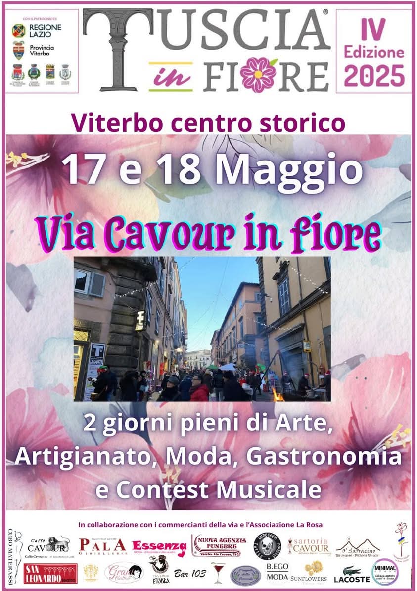 Locandina dell'iniziativa Tuscia In Fiore, contiene il titolo dell'iniziativa con informazioni, date e grafiche