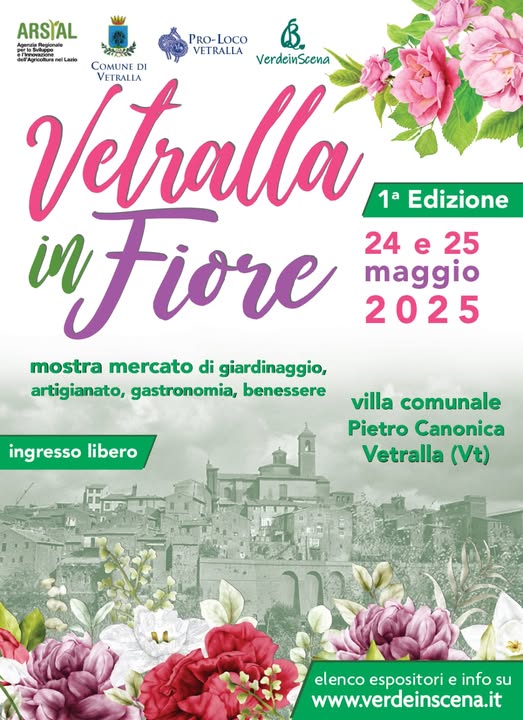 Locandina dell'iniziativa Vetralla in fiore, date e programma dell'evento con grafiche di fiori e sfondo del borgo di vetralla