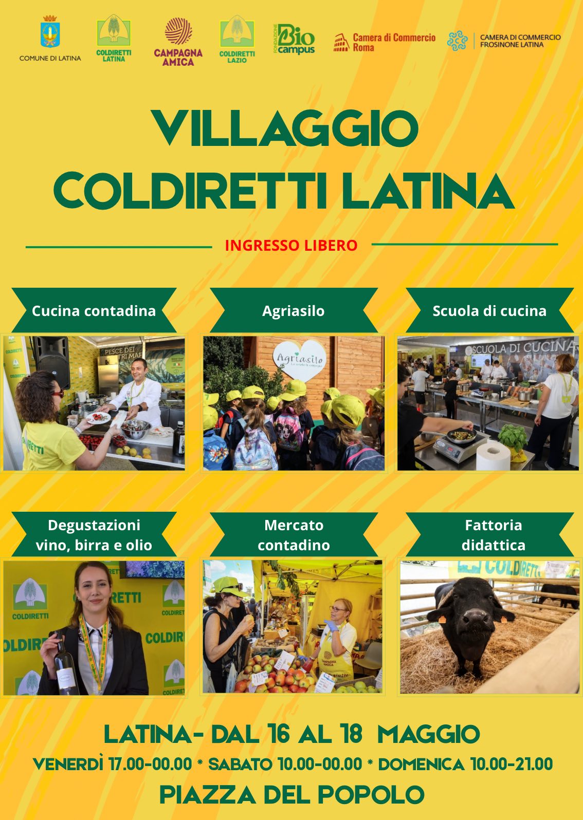 Locandina evento Villaggio Coldiretti di Latina, contiene date, grafiche e immagini 