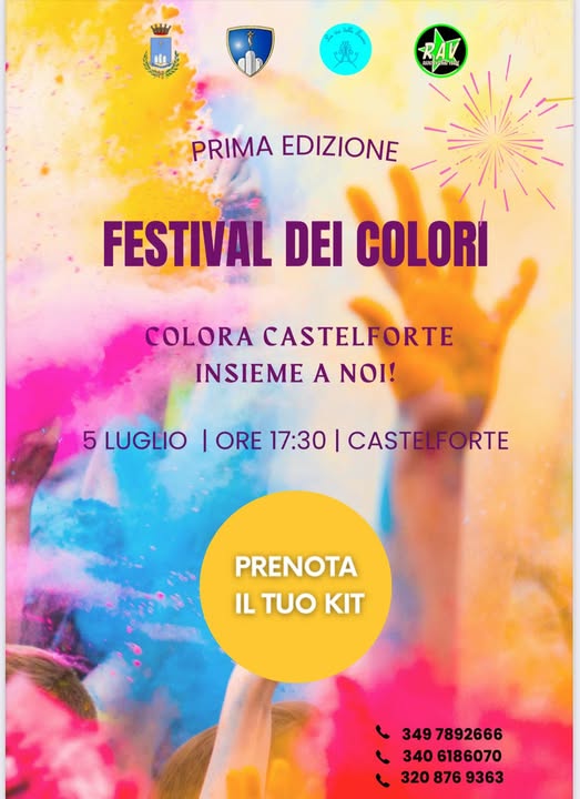 Locandina multicolore del Festival dei colori di Castelforte, all'interno data e informazioni