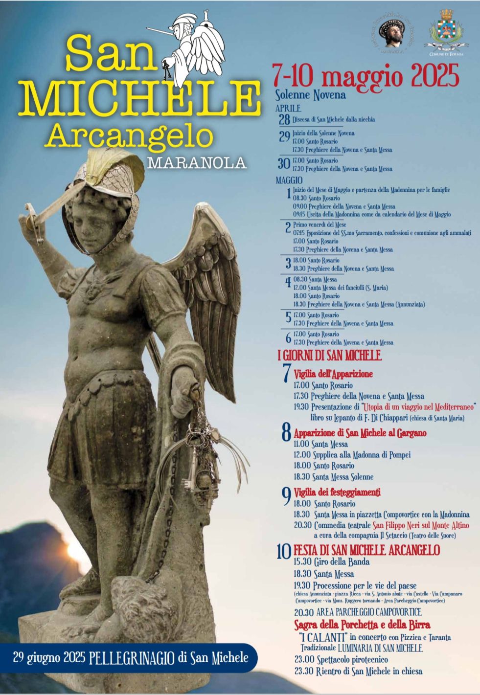Locandina dei Festeggiamenti a San Michele Arcangelo a Maranola di Formia, immagine della statua del santo con programma della manifestazione