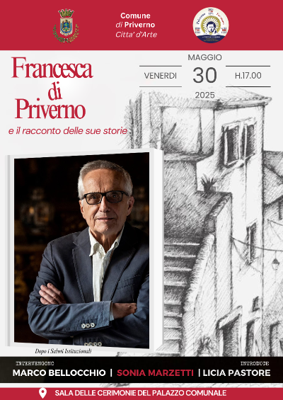 Locandina Evento" Francesca di Priverno", contiene titolo e programma dell'iniziativa con immagini del borgo