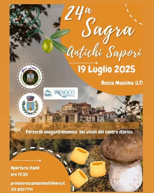 Locandina della Sagra Antichi Sapori a Roccamassima, immagine del borgo e grafiche corredate da testo