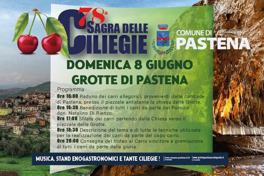 Locandina della Sagra delle Ciliege di Pastena, contine programma titolo e immagini delle grotte di pastena e del borgo sullo sfondo