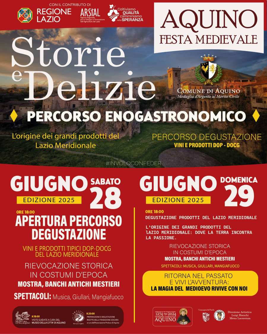 Festa medievale di Aquino, la locandina contiene il titolo e le informazioni dell'evento con un'immagine di sfondo del borgo