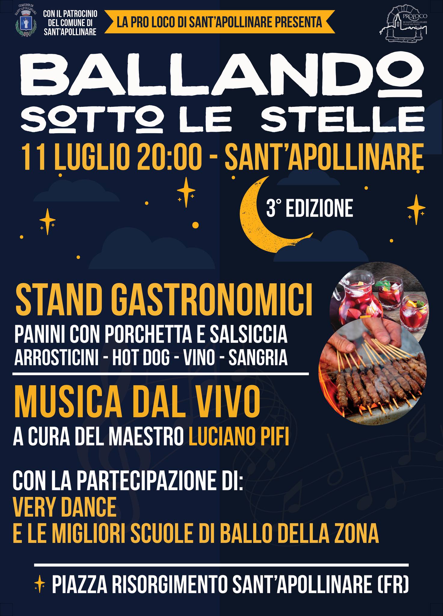 Locandina dell'iniziativa "Ballando sotto le stelle" A Sant'apolline, contiene titolo con grafica e orari con dettagli dell'evento
