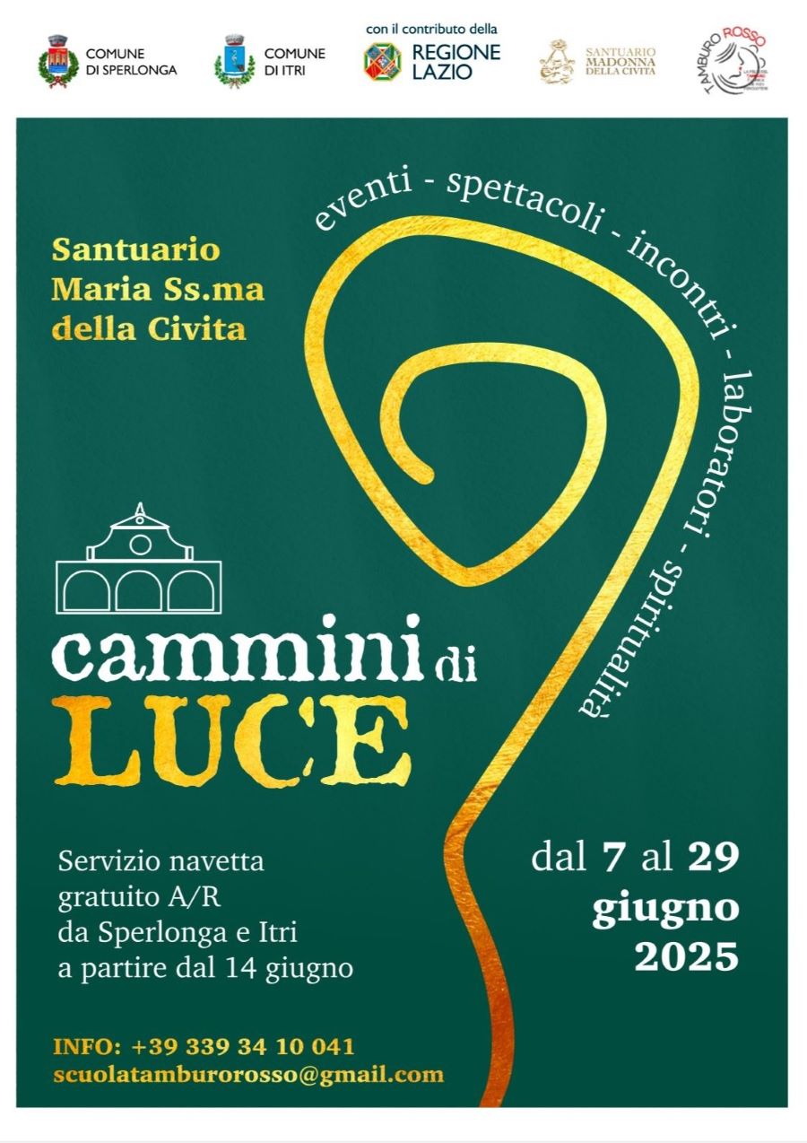 Locandina cammini di luce nel comune di Itri, contiene titolo date e grafica semplice su sfondo verde