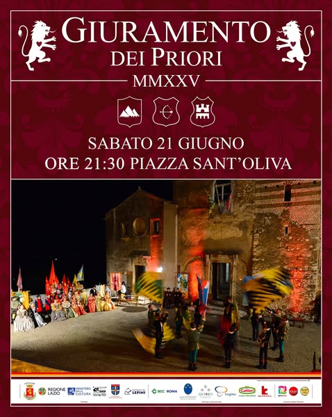 Locandina dell'evento "Giuramento dei Priori" a Cori, contiene titolo e programma e un'immagine dell'iniziativa