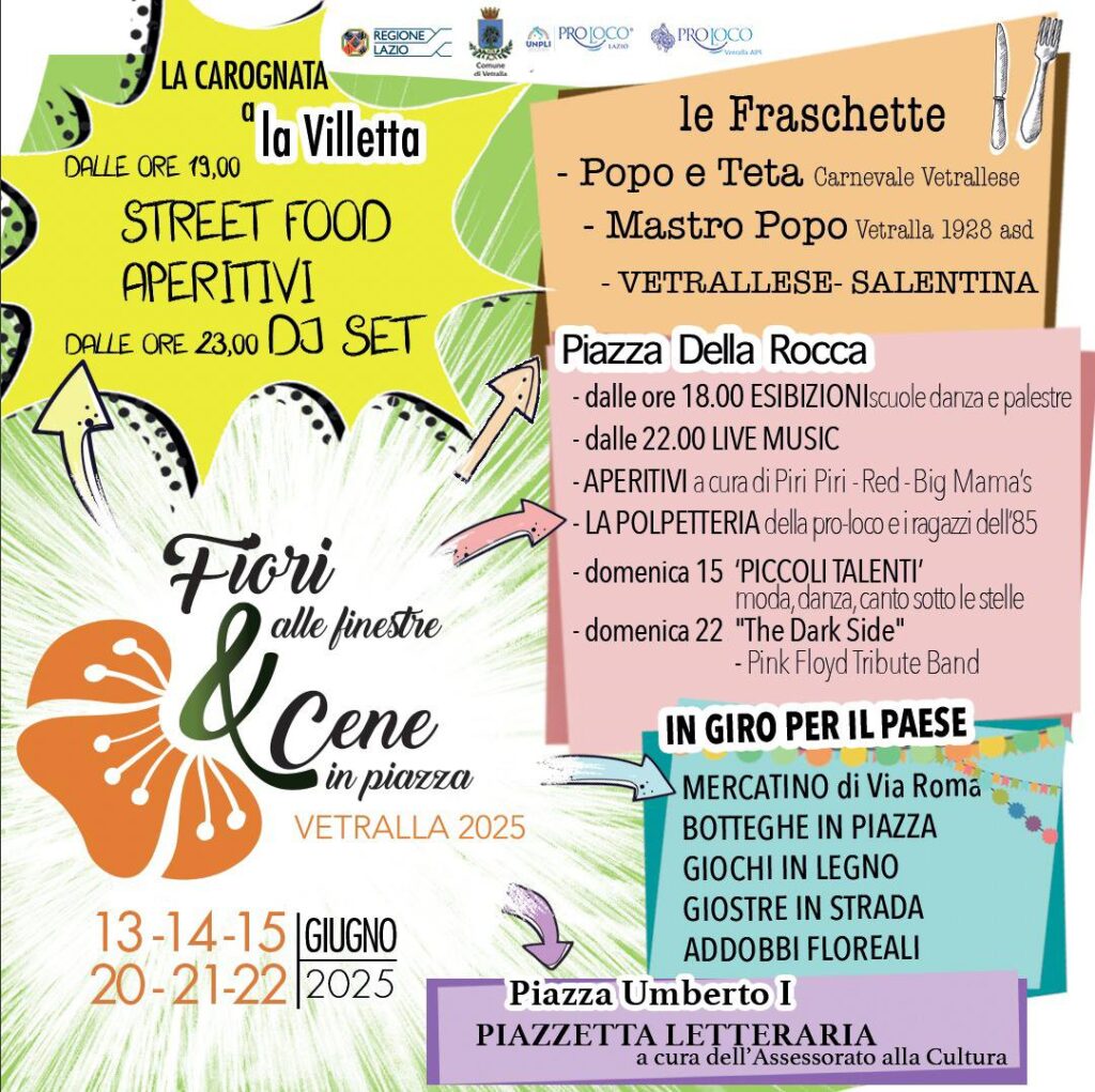 Locandina dell'iniziativa Fiori alle Finestre e Cene in Piazza a Vetralla