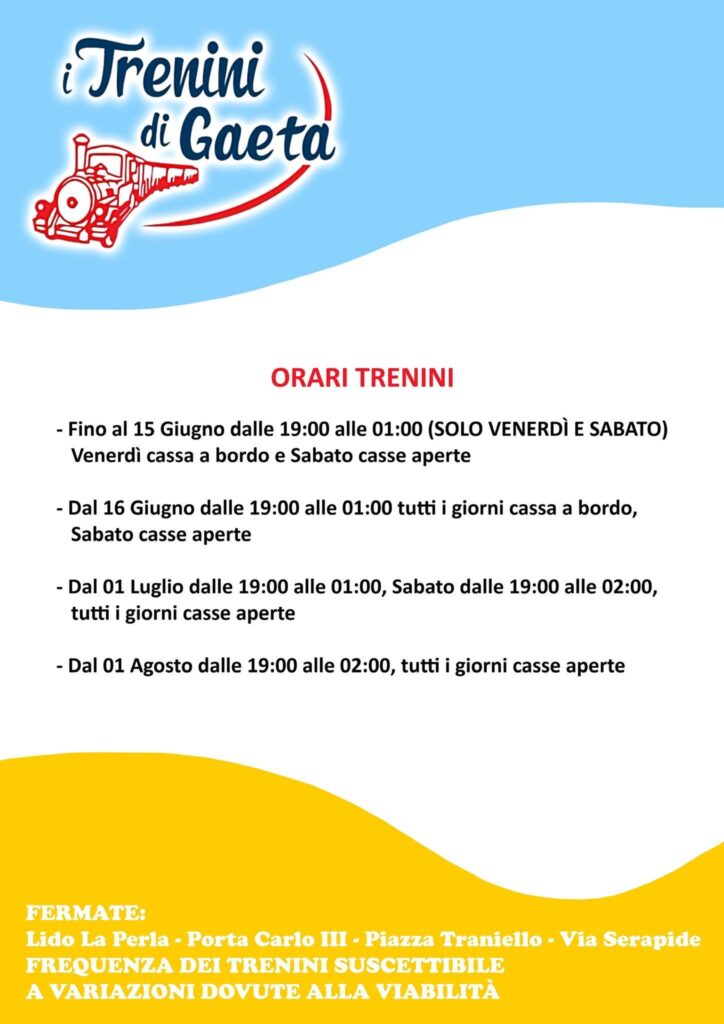 Trenino turistico di Gaeta, locandina con gli orari
