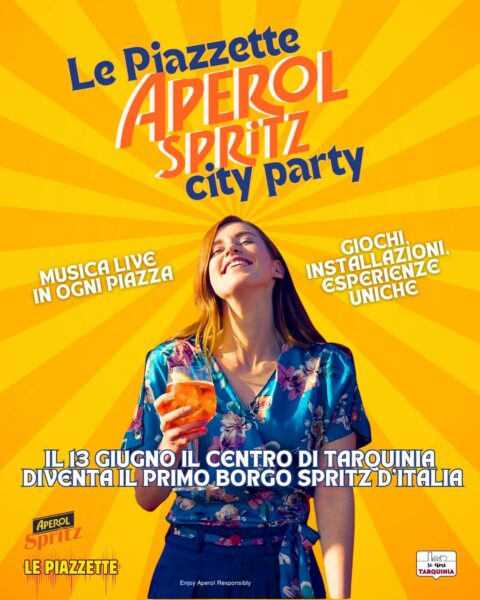 Locandina evento Aperol spritz city party a tarquinia, sfondo giallo con una ragazza con uno spritz tra ke mani che sorride, la locandina contiene titolo dell'evento e informazioni