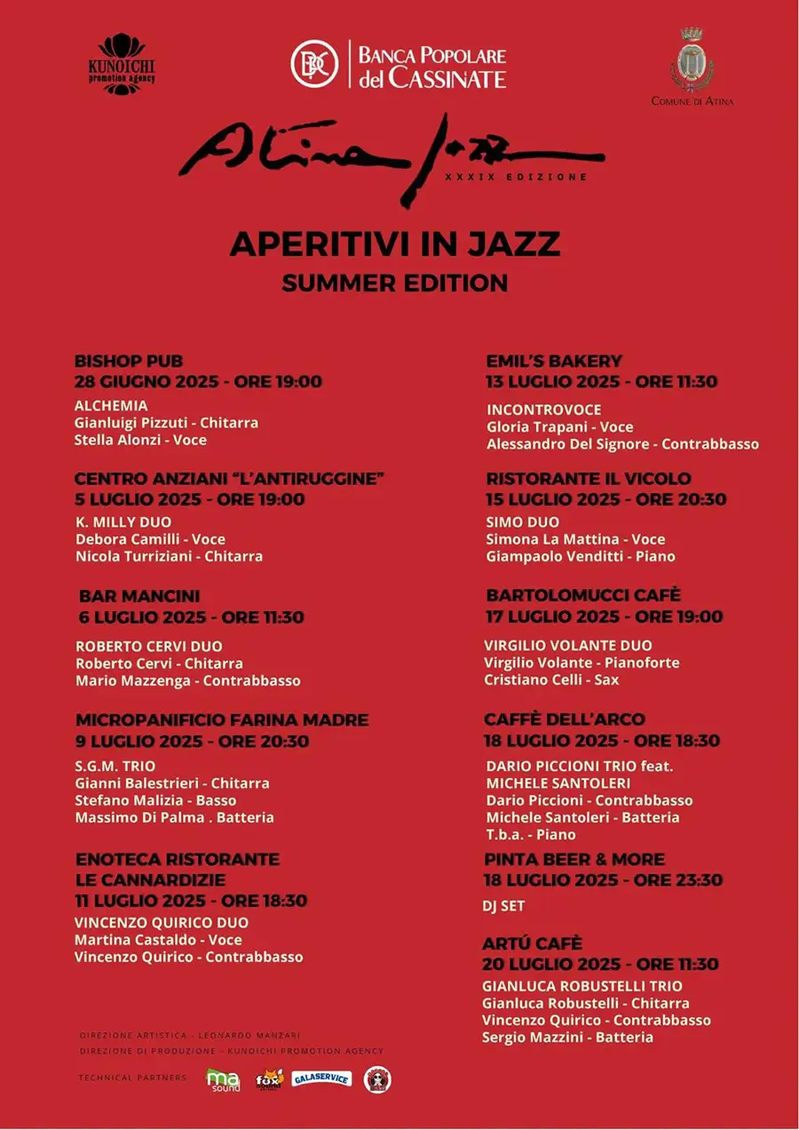 Locandina dell'iniziativa Aperitivi in Jazz, contiene titolo dell'evento con le date delle esibizioni di diversi artisti