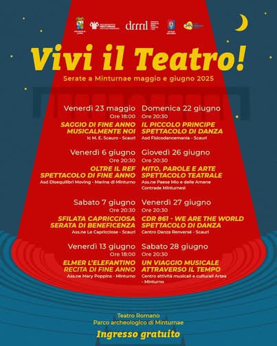 Locandina delle iniziative presso l'antico teatro di Minturnae a Marina di Minturno, la locandina contiene il titolo dell'evento e le date delle rappresentazioni, grafiche