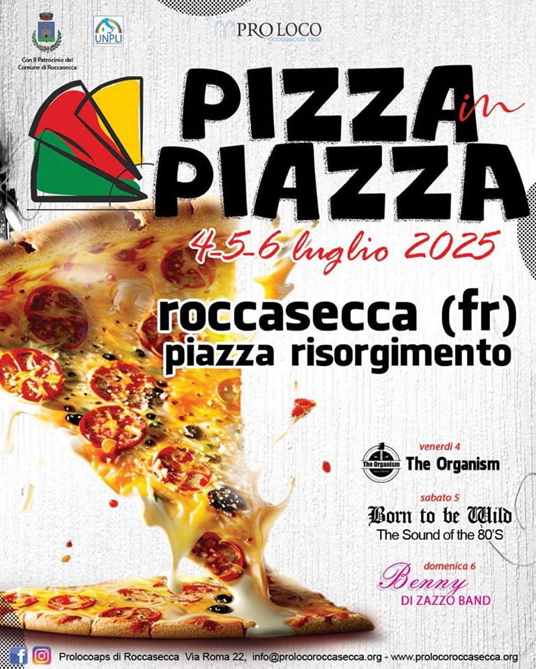 Locandina dell'iniziativa "Pizza in Piazza" a Roccasecca in provincia di, contiene grafica titolo e dettagli dell'evento 