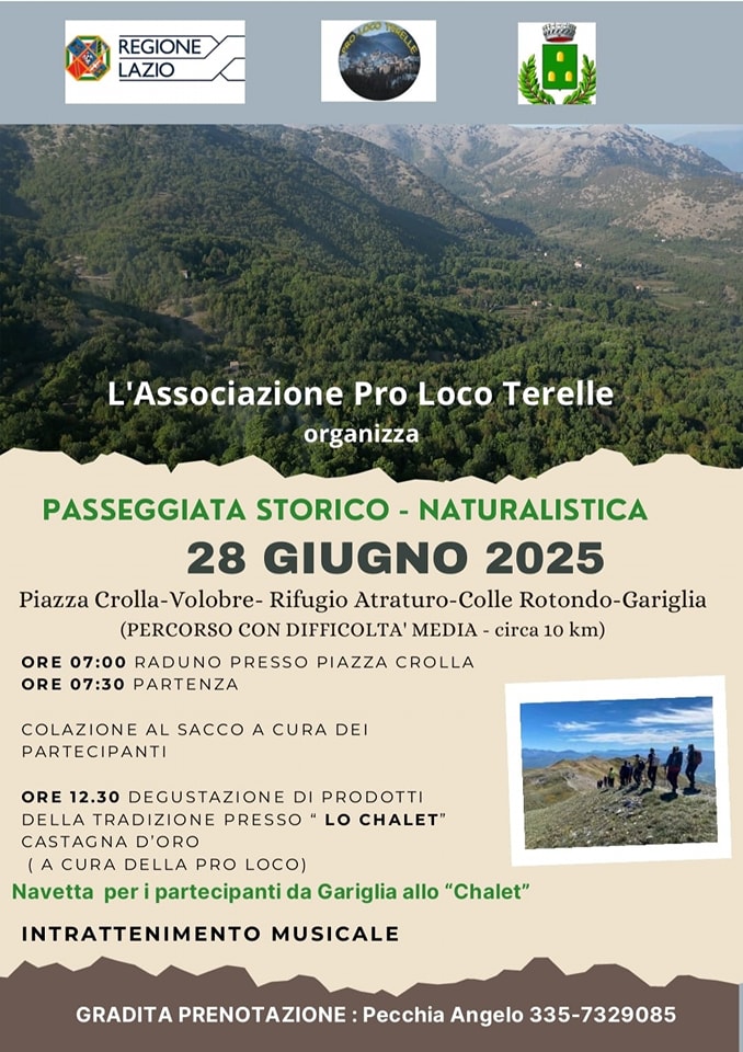 Locandina del trekking a Terelle del 28 giugno 2025, contiene il titolo con il programma e un immagine delle montagne di Terelle