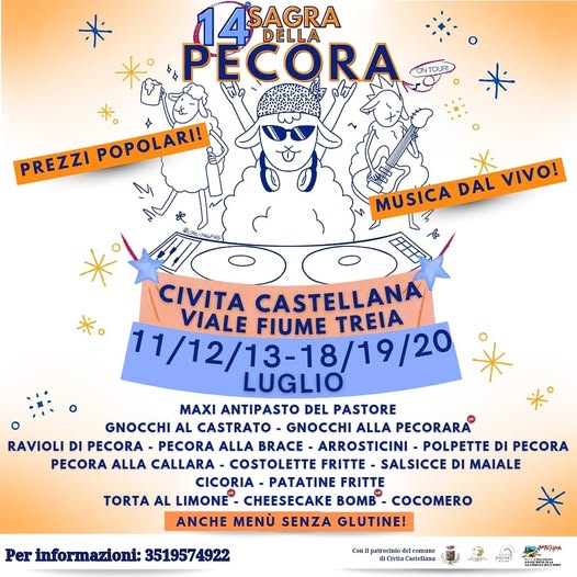 Locandina della Sagra della Pecora di Civita Castellana, contiene grafiche divertenti, Titolo e date dell'iniziativa