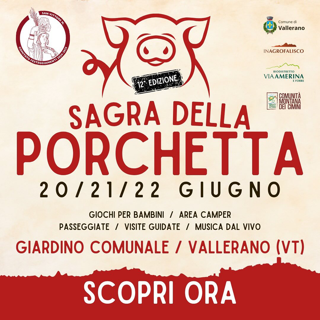 Locandina della Sagra della porchetta di Vallerano, contiene il titolo e il programma, loghi dei partner e grafica stilizzata di un maialino