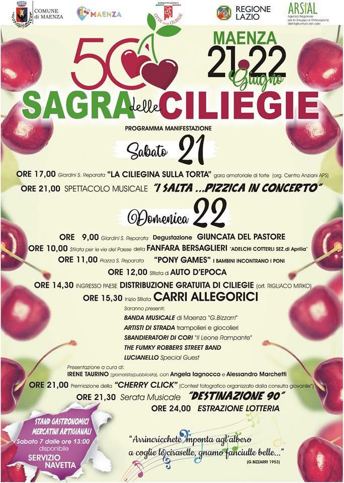 Locandina della Sagra delle Ciliege di Maenza. Contiene grafiche di ciliege, su sfondo bianco, titolo e date con dettagli dell'iniziativa