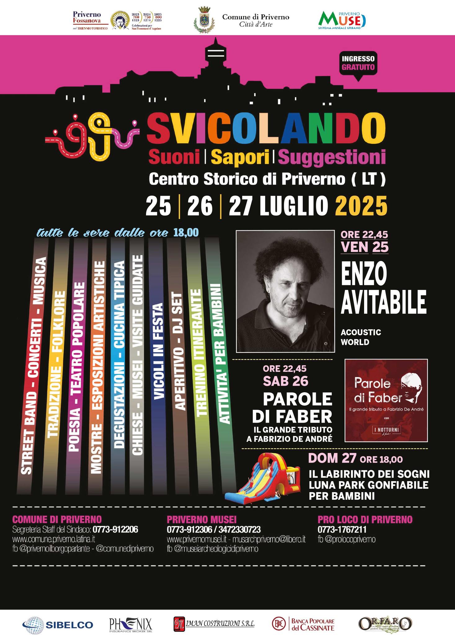 Locandina dell'iniziativa "Svicolando 2025" a Priverno, la locandina contiene titolo e date fìdei singoli eventi con grafiche