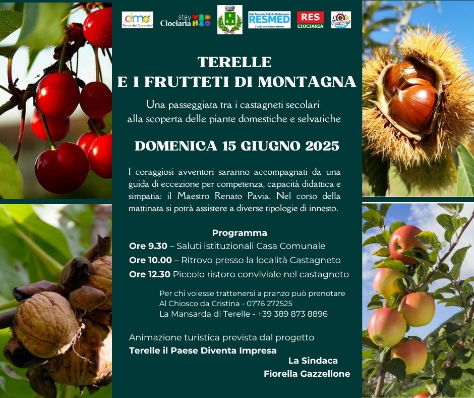 Locandina dell'iniziativa Terelle e i frutteti di montagna, contiene grafiche e immagini di frutti di montagna titolo e programma