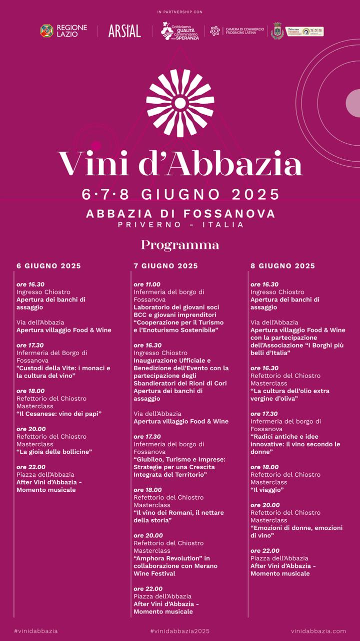 Locandina con il programma dell'iniziativa Vini d'Abbazia, sfondo viola vinaccia con testo bianco, grafiche minime e semplici, nella parte alta loghi 