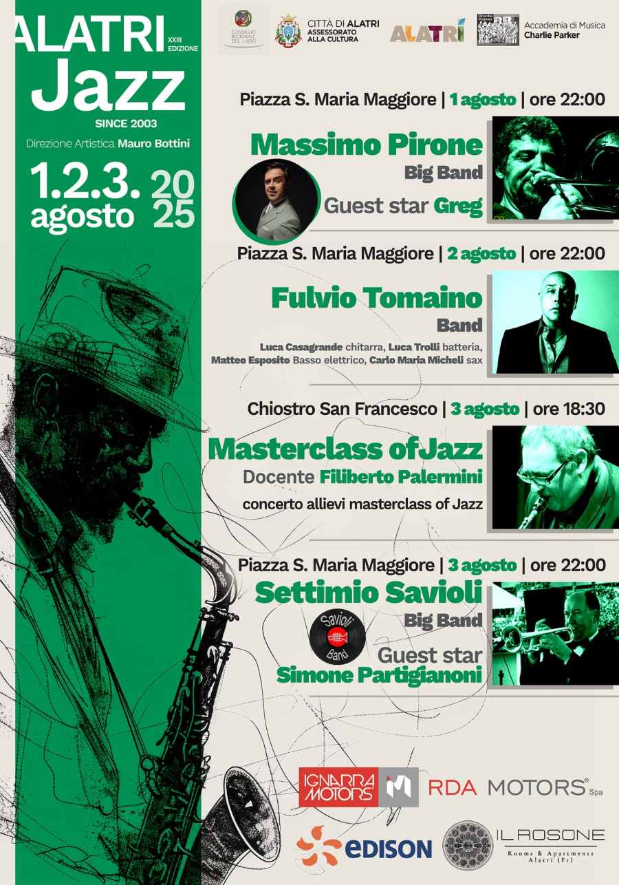 Locandina dell'Alatri Jazz, contiene titolo e date dell'evento con grafiche a tema musicale e immagini degli artisti che si esibiranno