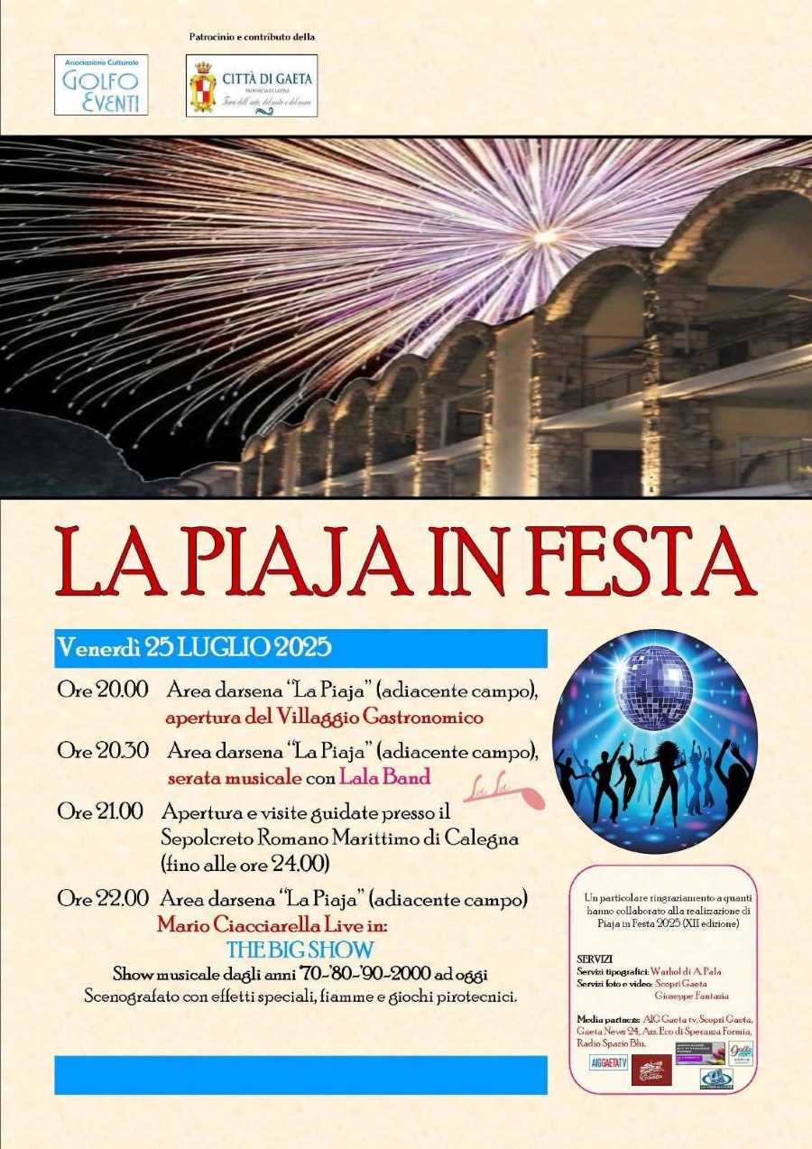 Locandina di La Piaja in Festa a gaeta, contiene orari della manifestazione