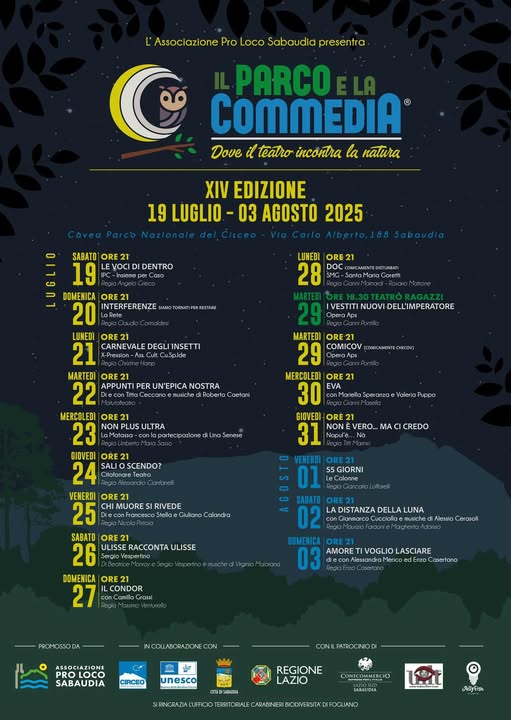 Locandina degli eventi teatrali di Sabaudia "Sabaudia, "Il Parco della Commedia"