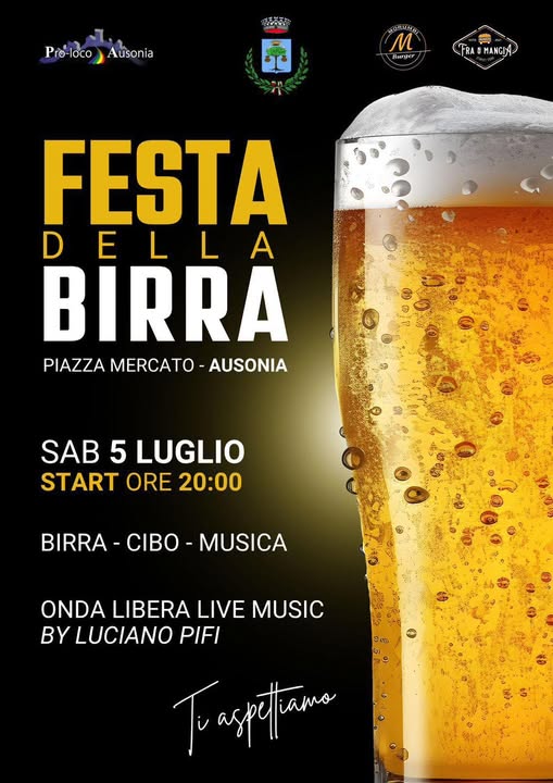 Locandina della Festa della Birra di Ausonia, contiene titolo e orari, con la grafica di un gran boccale di birra fresca