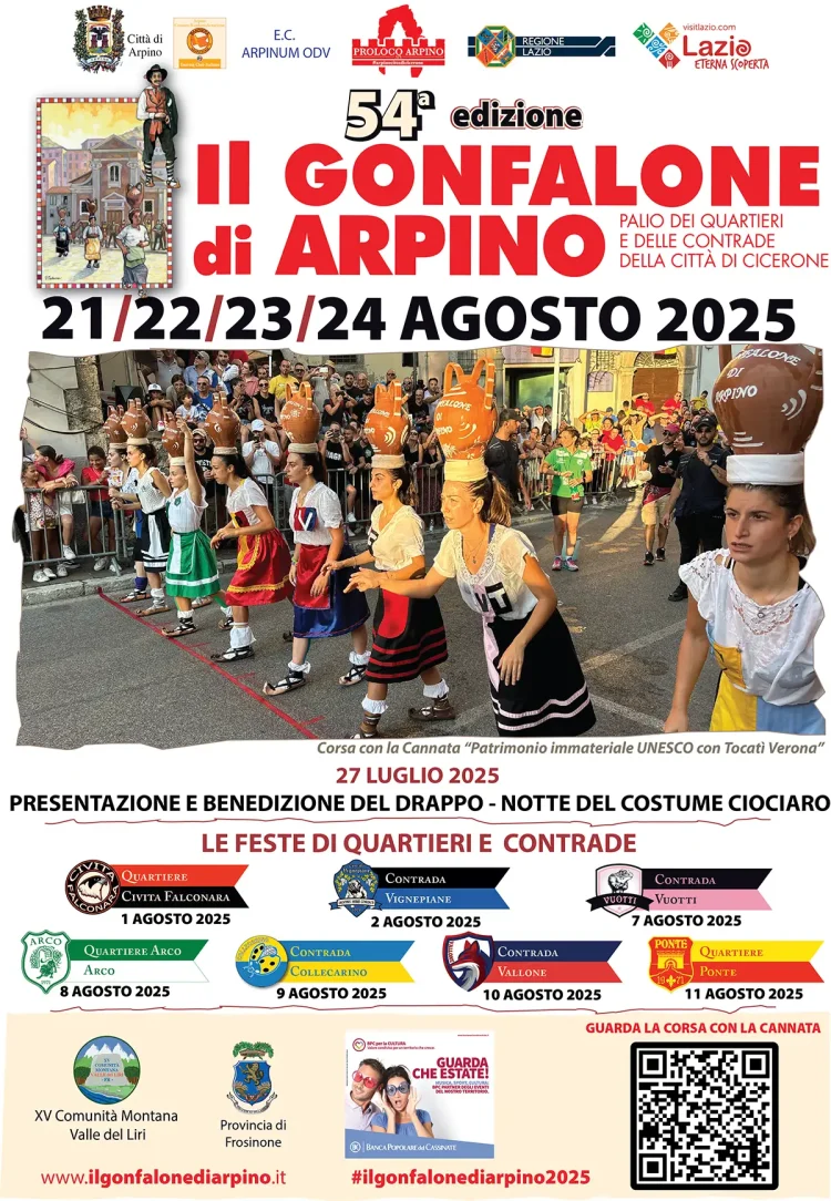 Locandina del Gonfalone di Arpino, contiene date dell'evento e immagini dell'iniziativa