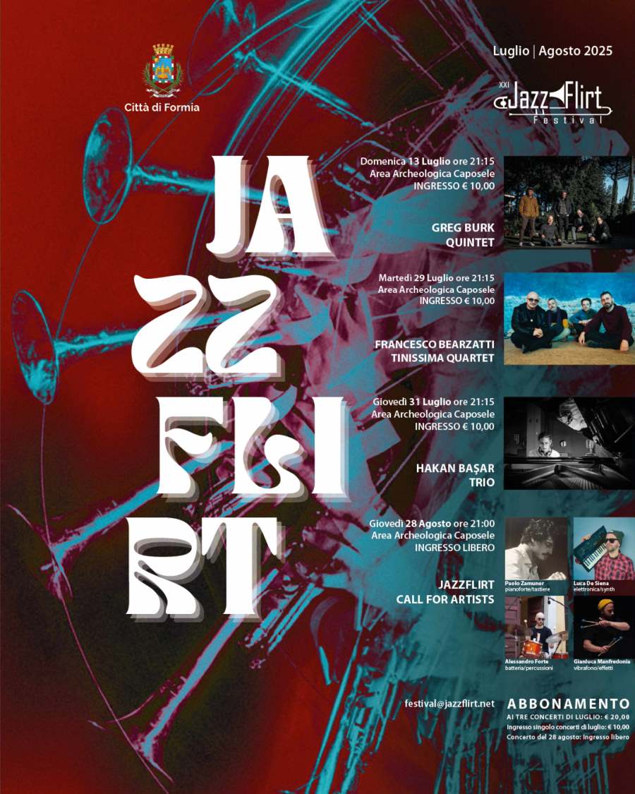Locandina del Jazz Flirt di Formia, contiene titolo dell'iniziativa e date degli eventi con grafiche