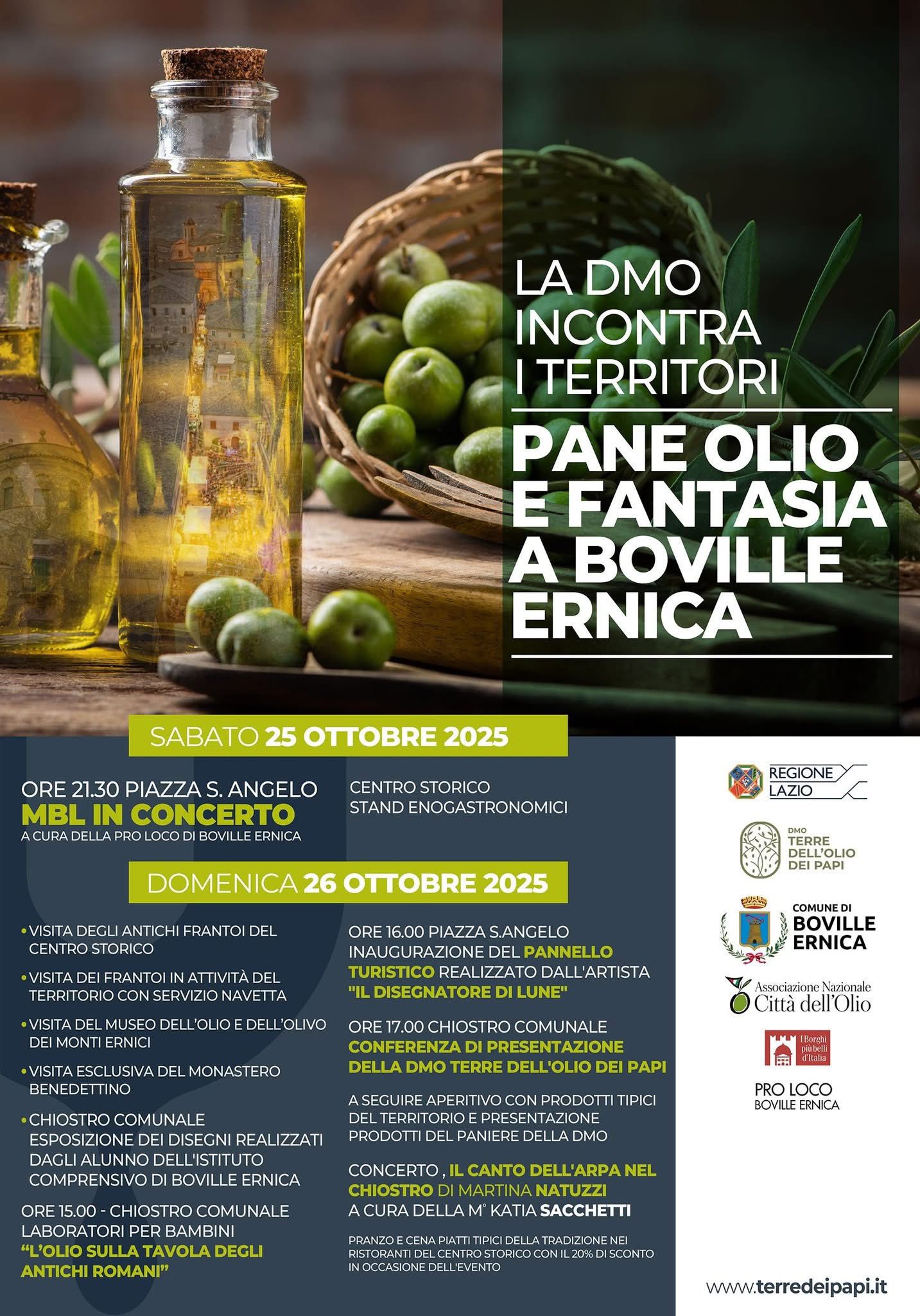 Locandina dell'evento Pane Olio e Fantasia a Boville ernica, contiene il programma con grafiche 